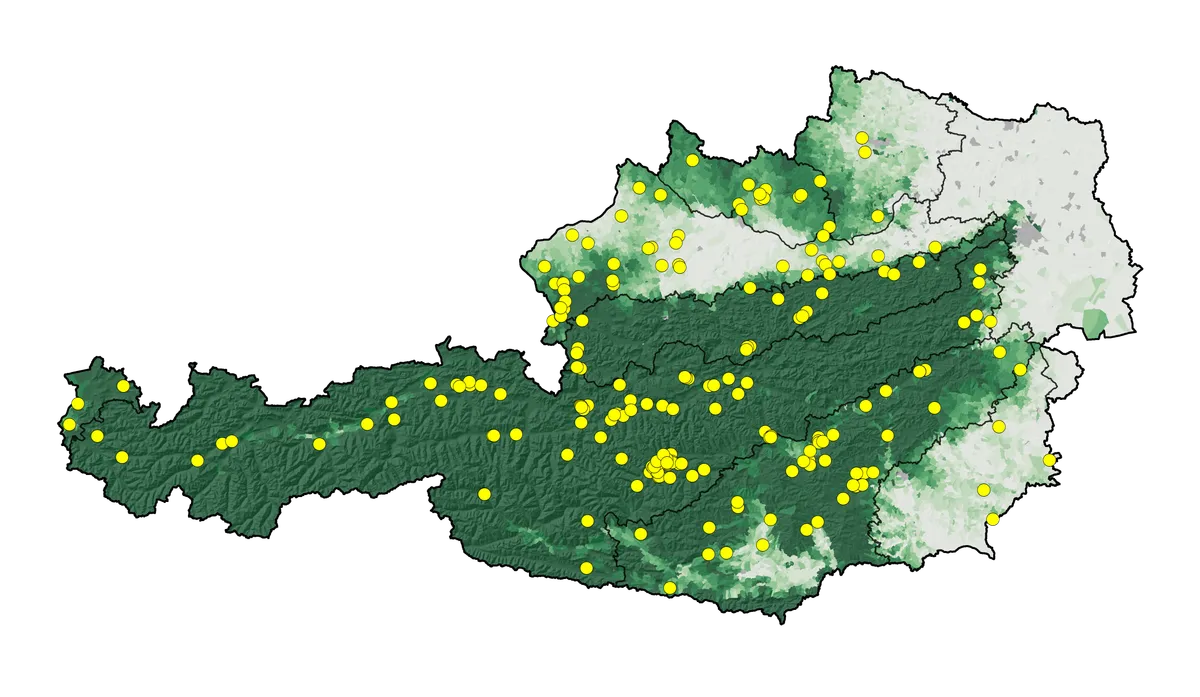 Karte der Grünlandregionen Österreichs mit Erhebungsstandorten